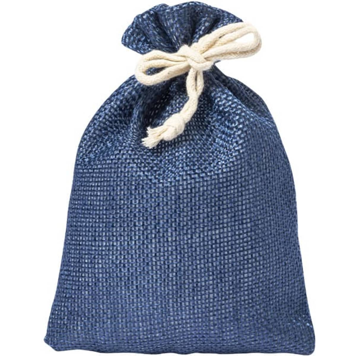 A drawstring bag in a deep blue colour with a cream-coloured rope tie, featuring a subtle woven texture.