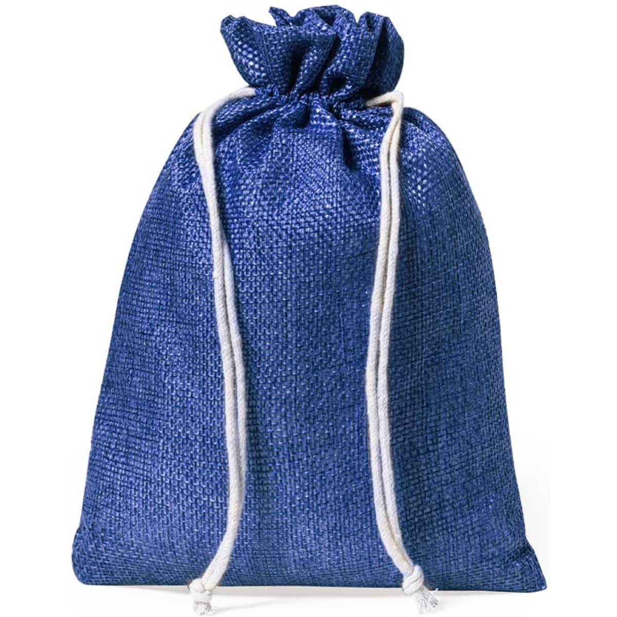 A drawstring bag in a vibrant blue colour, featuring a textured fabric and white drawstrings.