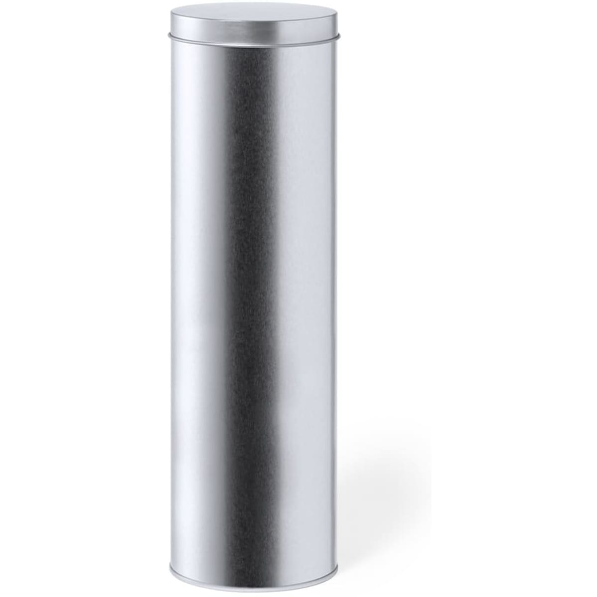 A silver cylindrical tin container with a lid, designed for packaging writing instruments.
