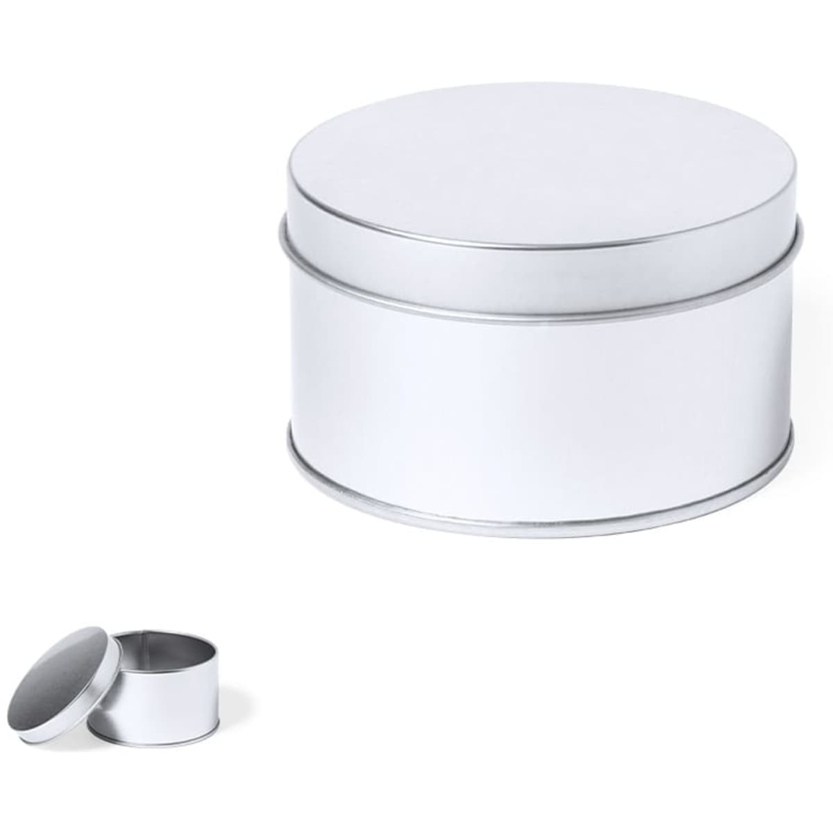 A round, silver tin box with a removable lid. The container has a smooth surface and a minimalist design.