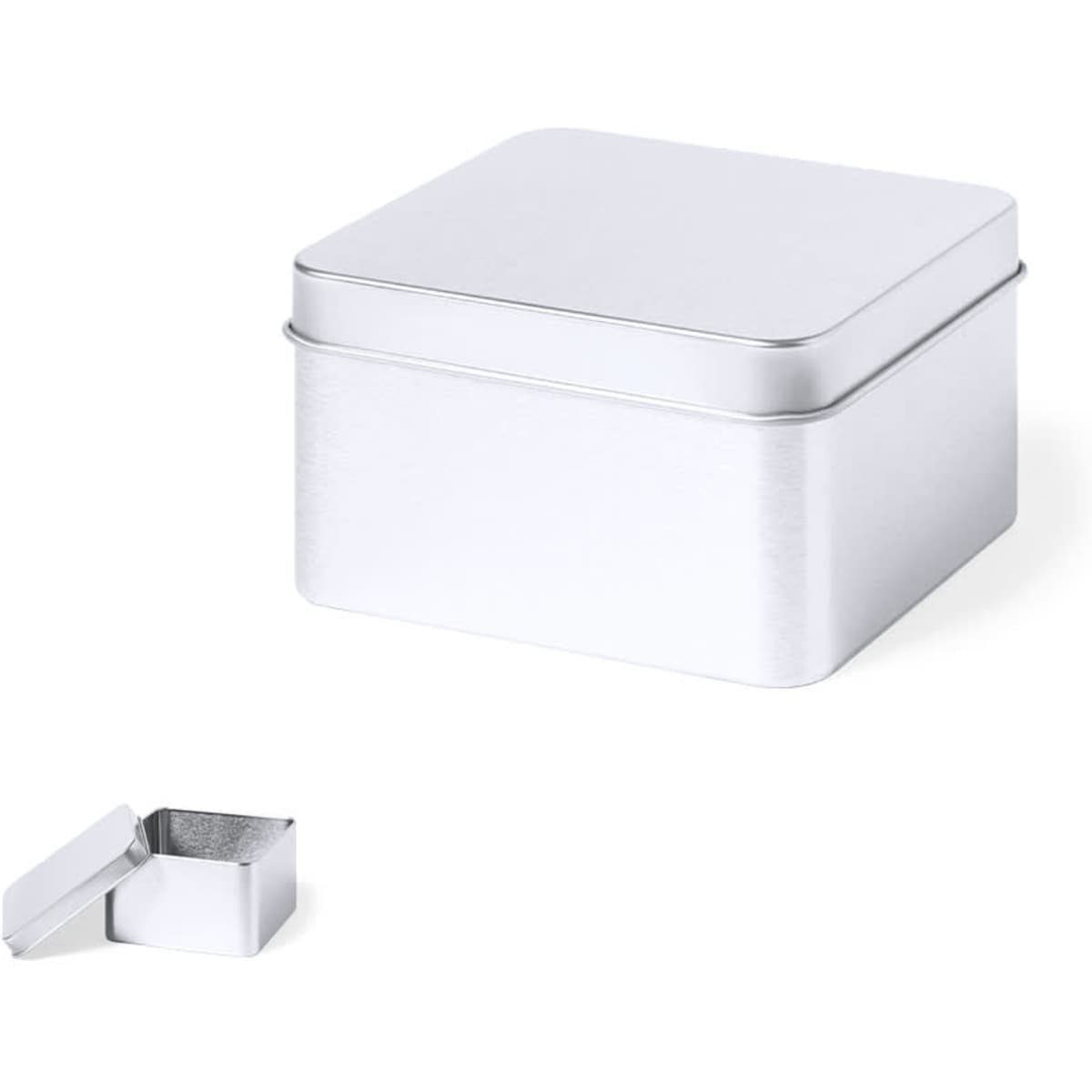 A silver metal gift box with a flat lid, featuring a smaller open box beside it.