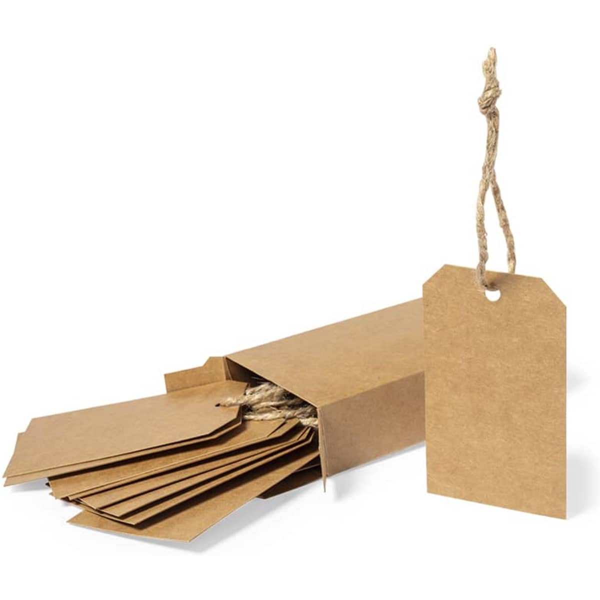 A box of brown kraft gift tags with strings, featuring a variety of shapes and sizes.