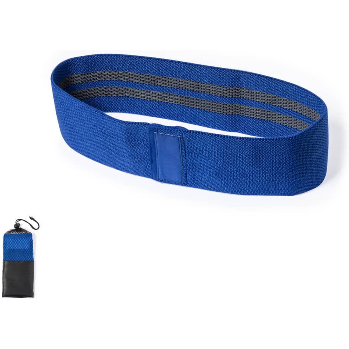 A blue fitness belt with a grey stripe, designed for carrying essentials, includes a black storage pouch.