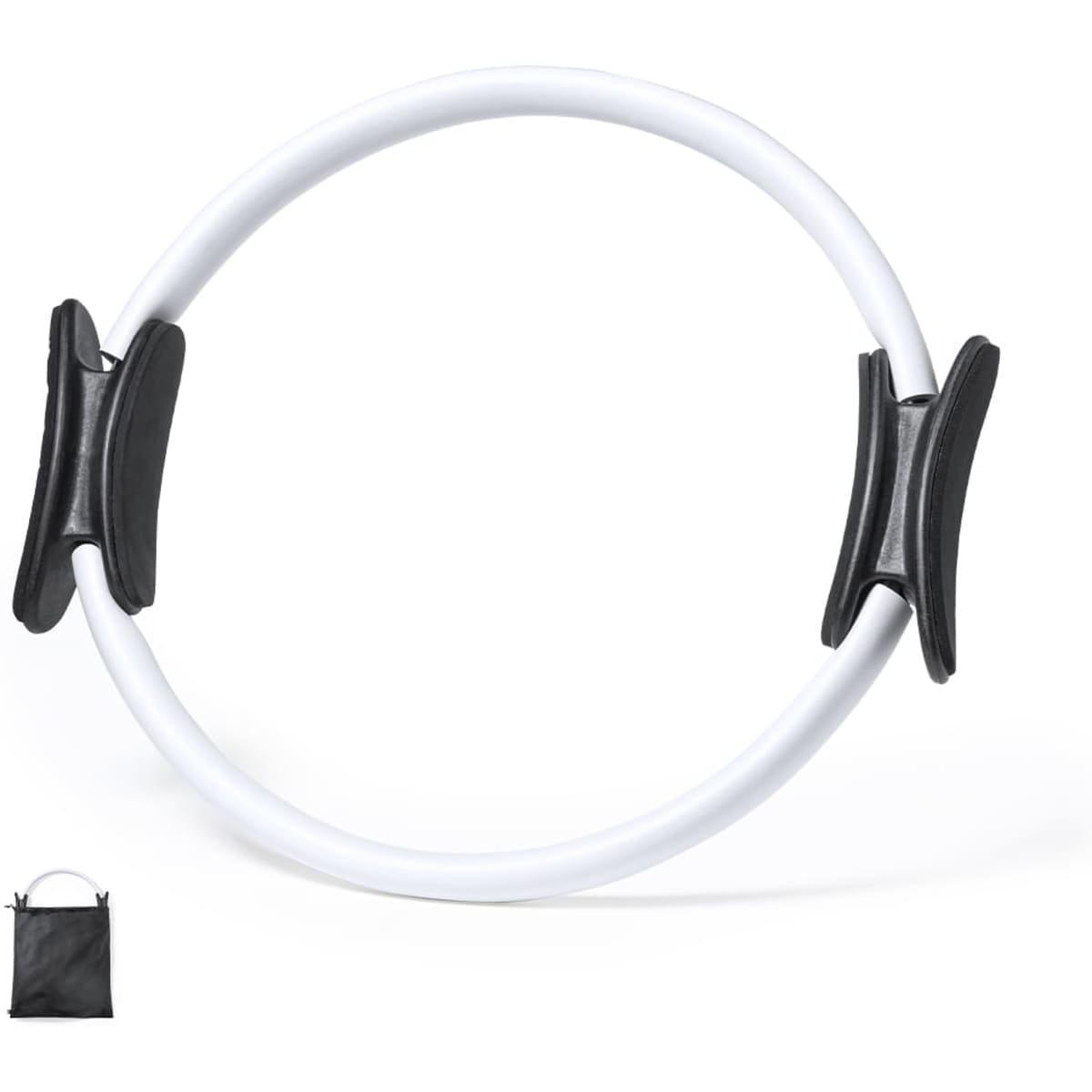 A white fitness ring with black handles and a carrying bag. Ideal for outdoor leisure activities.