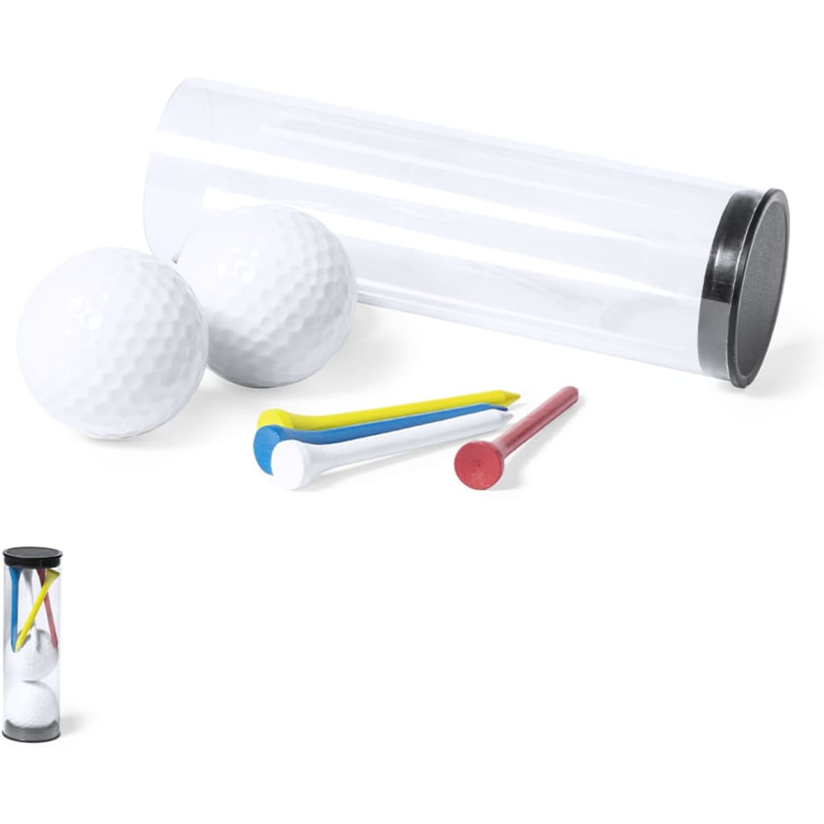 A clear cylindrical container with two white golf balls and various coloured tees in red, blue, and yellow.