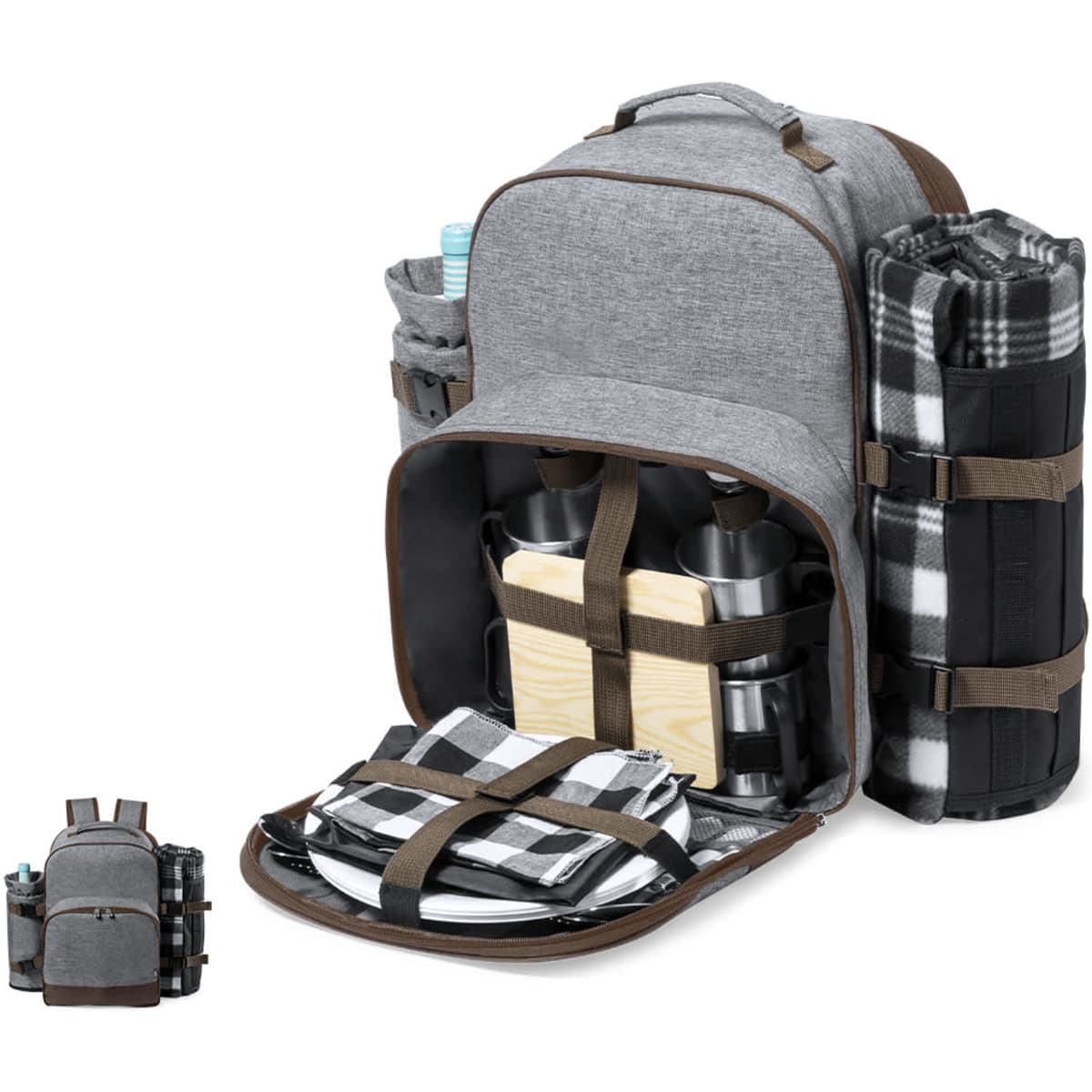 A grey Seyman Backpack with brown accents, featuring compartments for a blanket, utensils, and drink bottles.