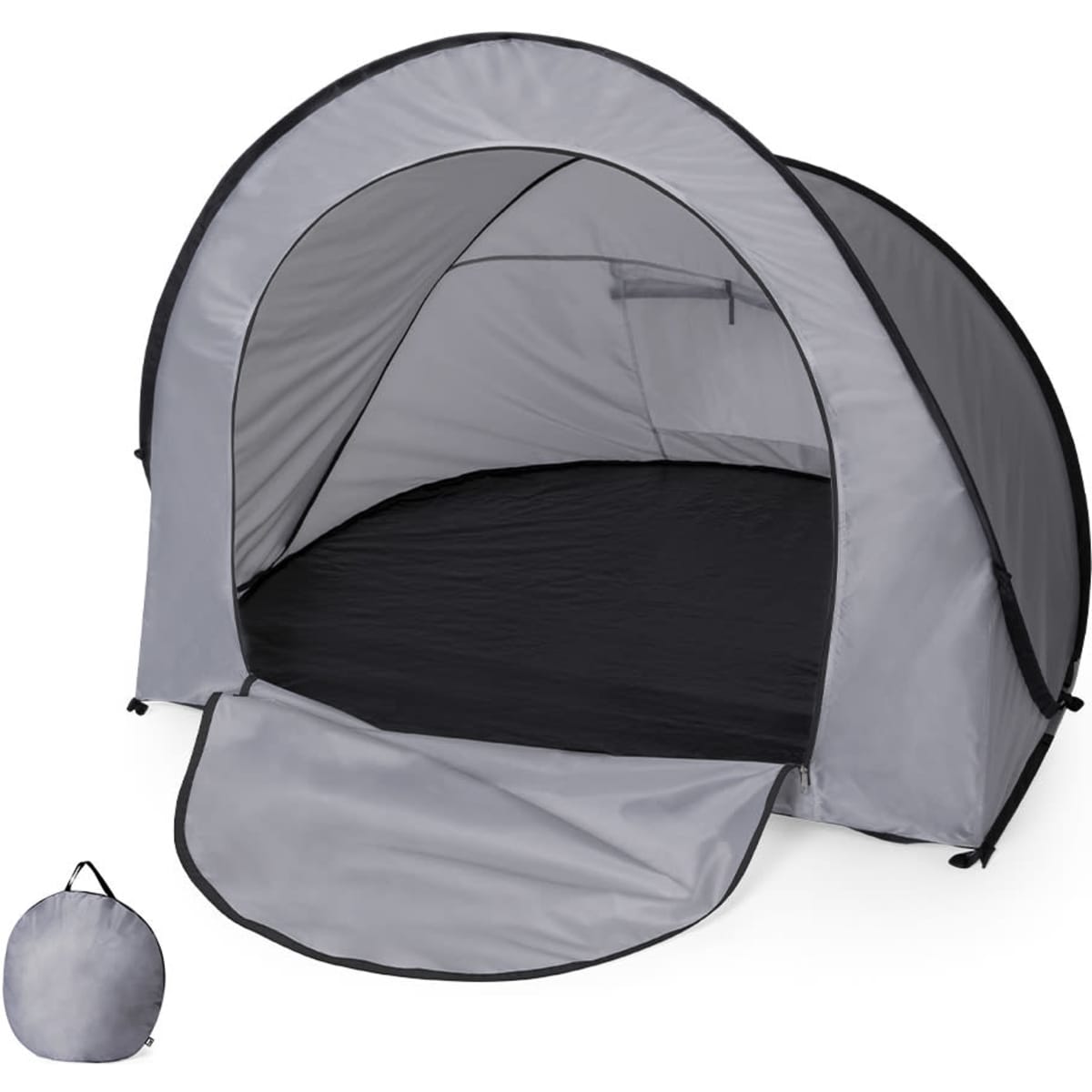 A grey tent with a black interior, featuring an entrance flap and a compact carry bag.