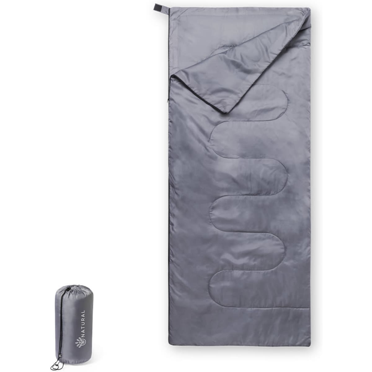 A grey sleeping bag neatly rolled up in a compact form beside its unrolled version. The bag features a logo.