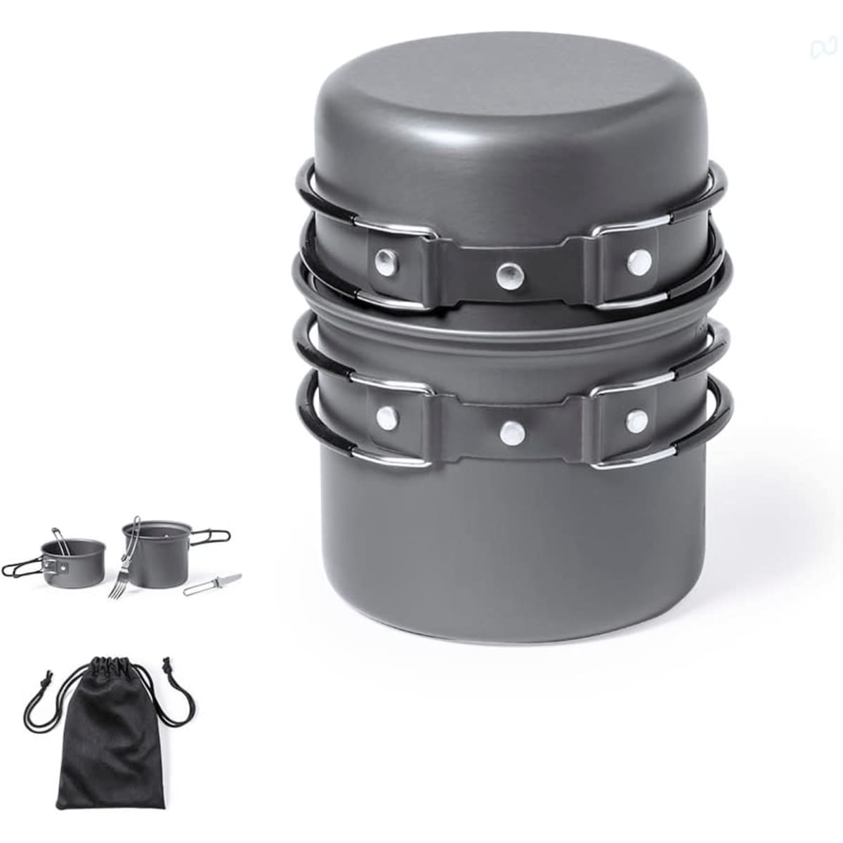 A set of stackable grey cooking pots with handles, accompanied by a black drawstring storage bag.