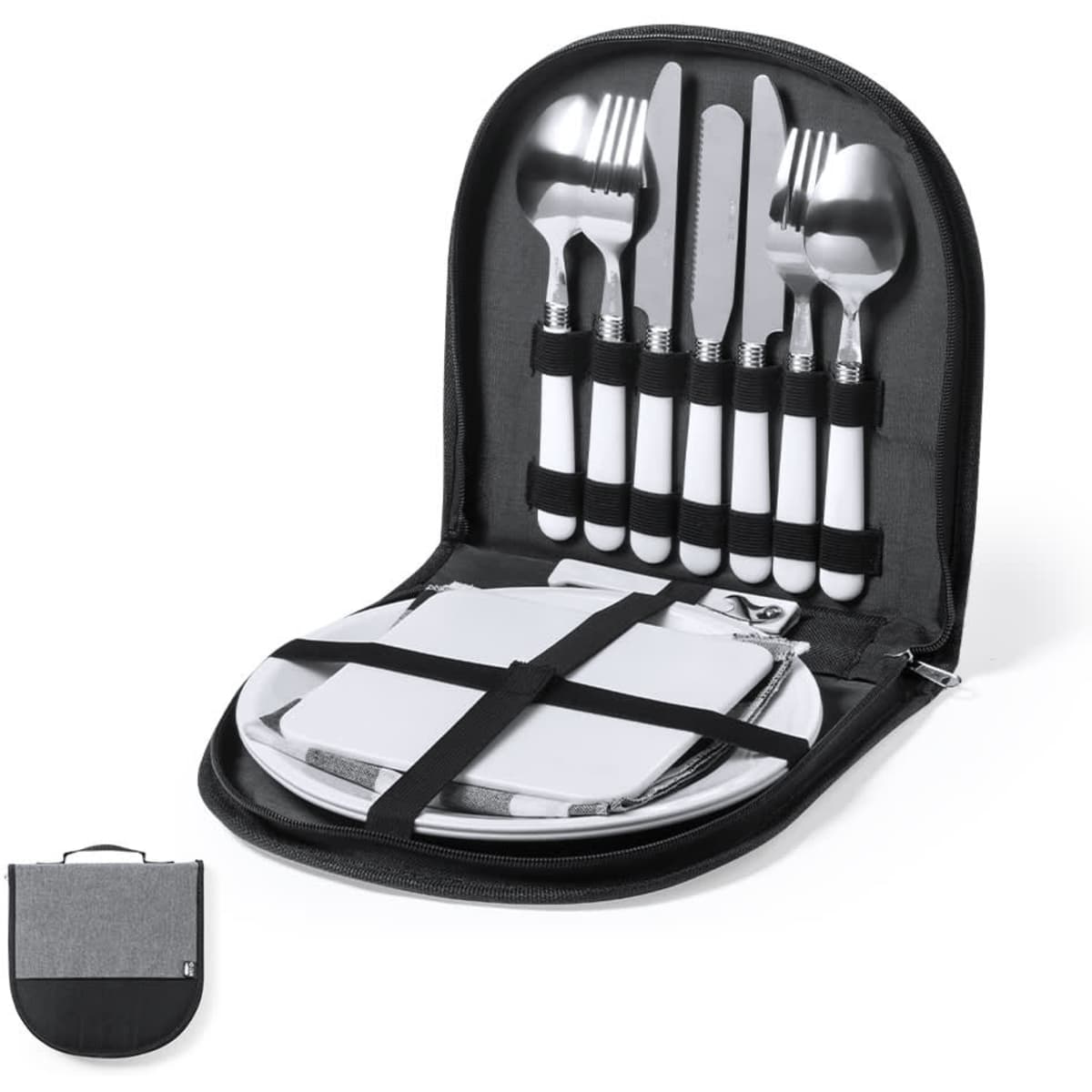 A picnic set featuring stainless steel cutlery, white handles, and a compact black carrying case.