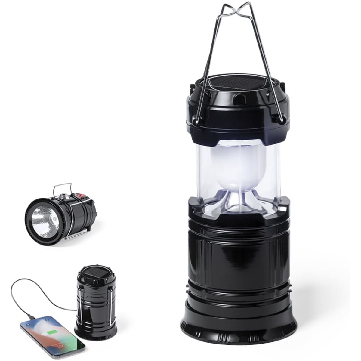A black lantern with a solar panel on top, accompanied by a smaller flashlight and a power bank charging a phone.
