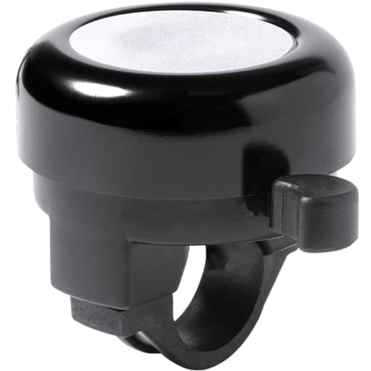 A black bicycle bell with a sleek design and a white centre. Features a lever for ringing.