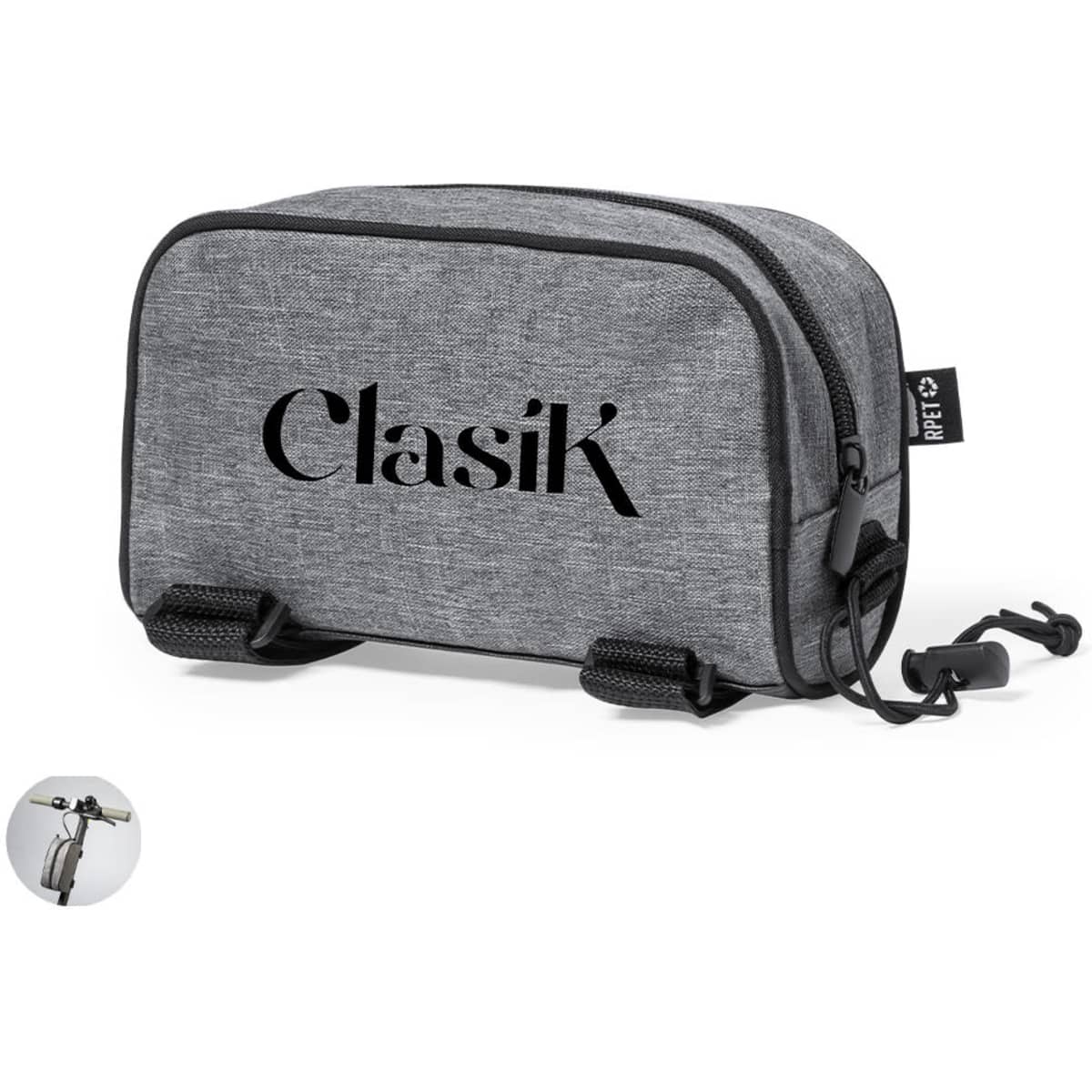 A grey bag with a logo, featuring two fastenings and a textured fabric design. Suitable for various storage needs.
