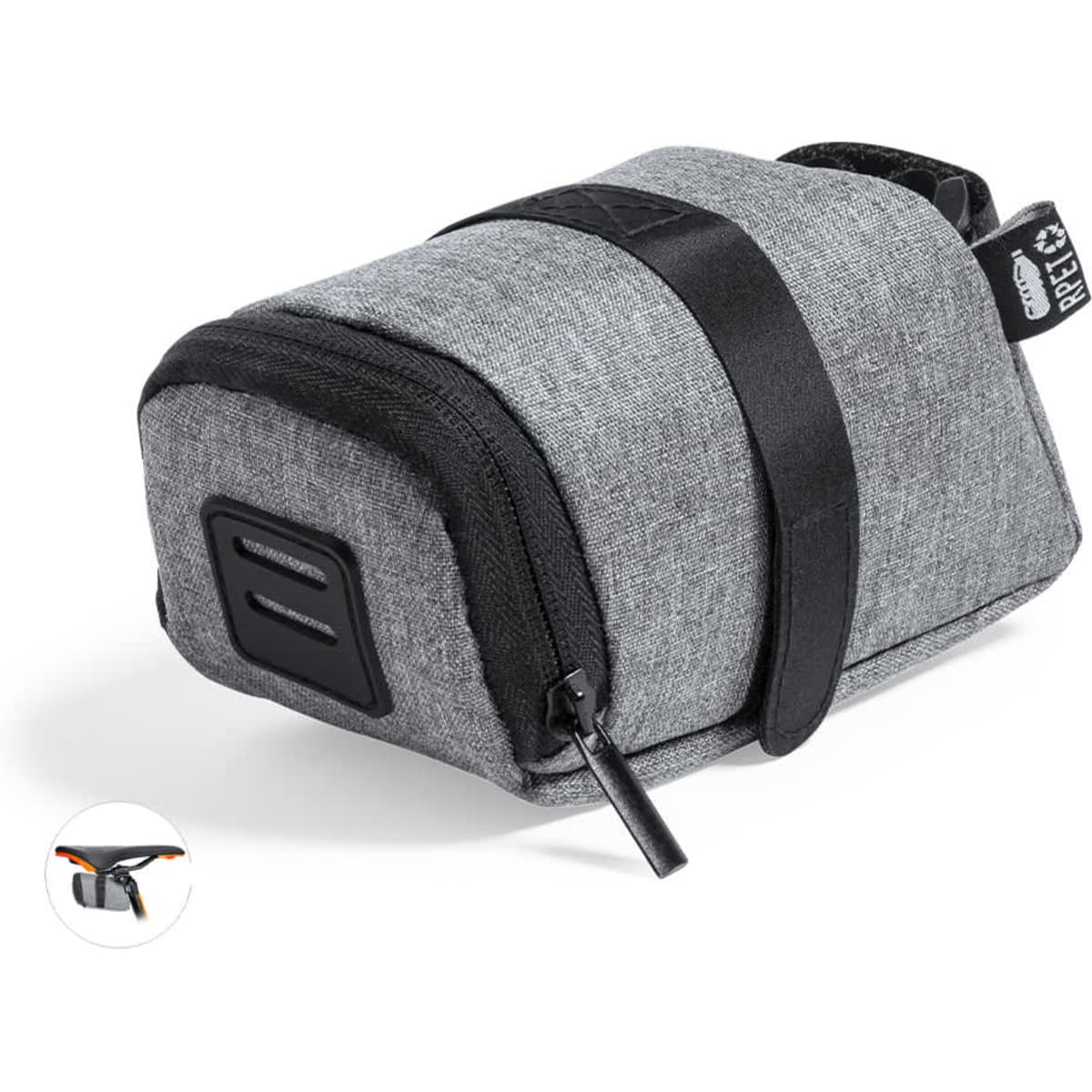 A grey bag with a zippered compartment, featuring a strap and a logo. Compact and rectangular in shape.