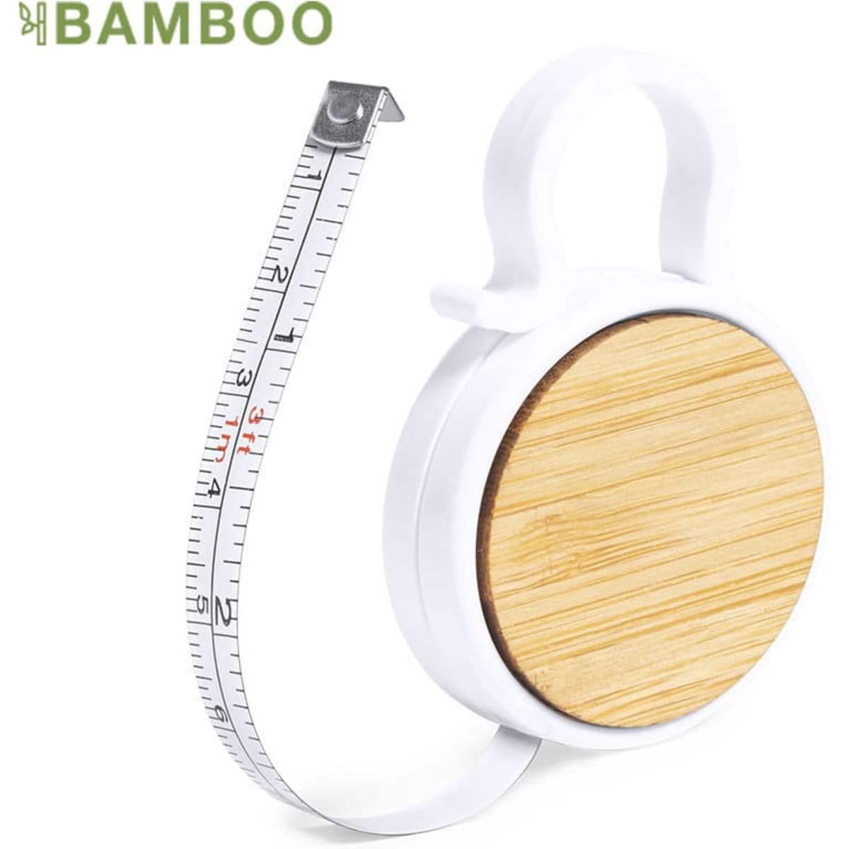 A tape measure with a bamboo design and white casing, featuring a retractable measuring tape.