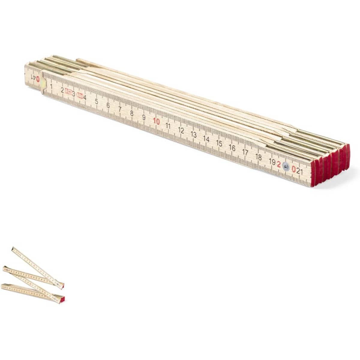A folding ruler in wood with red end caps, featuring metric measurements along its length.