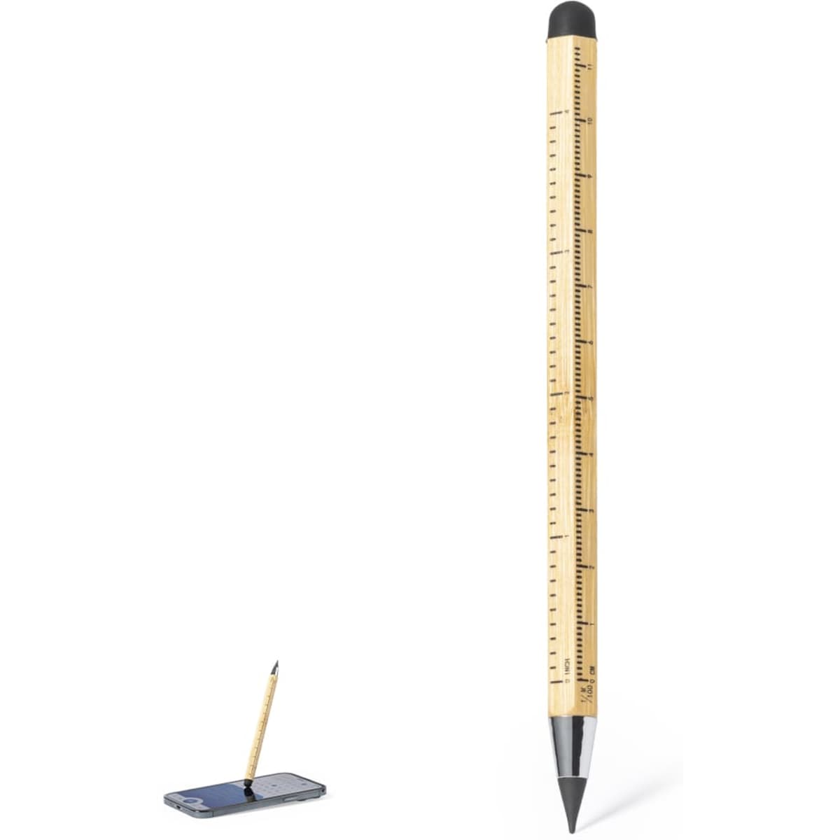A wooden pencil with a ruler design, featuring a black tip and a light brown shaft, alongside a smartphone.