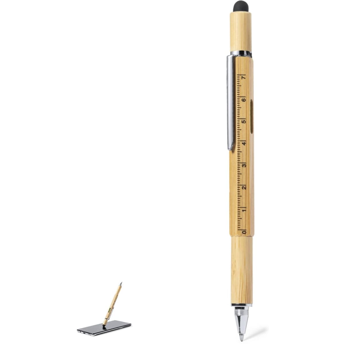A bamboo stylus pen with a sleek design and a ruler printed along its side, featuring a silver clip and tip.