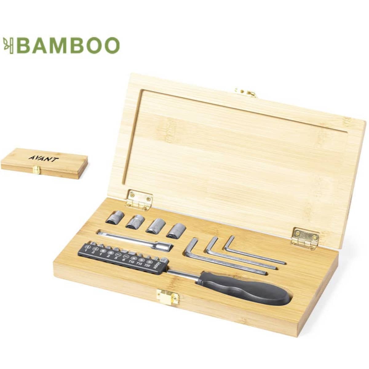 A bamboo tool set inside a wooden box, featuring various screwdriver bits and Allen keys, with a handle included.