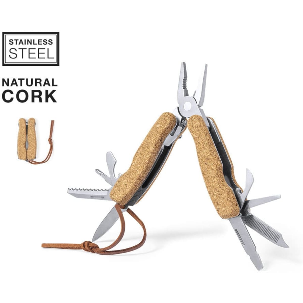 A multitool with stainless steel components and natural cork handles, featuring pliers and various tools, displayed at an angle.