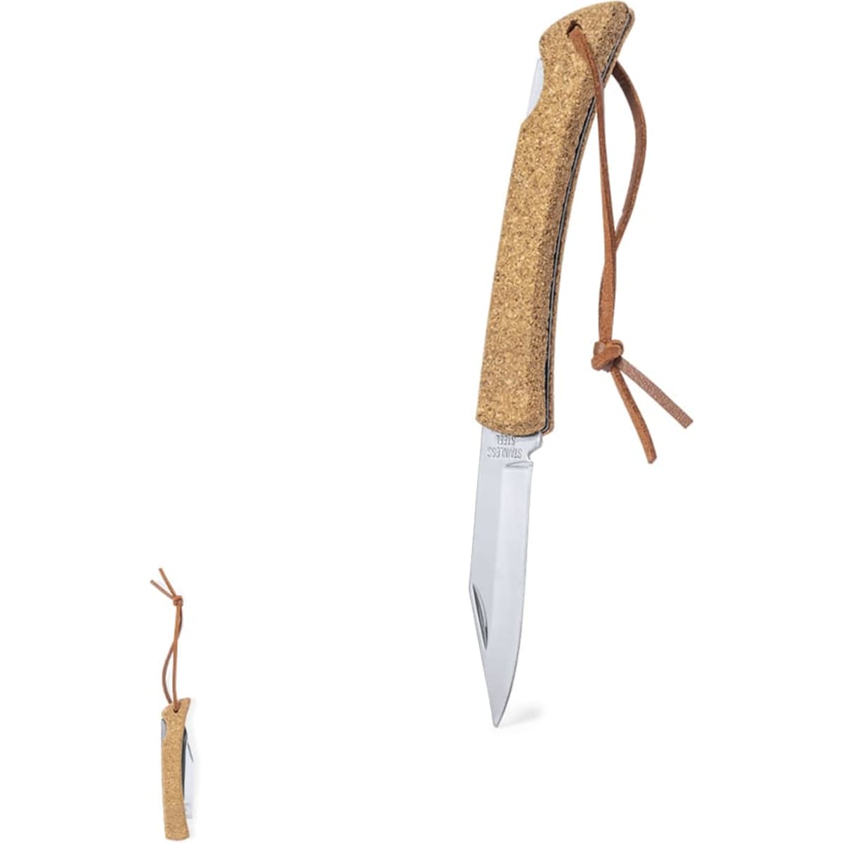 A cork-handled multi-tool with a shiny stainless steel blade and a leather strap, featuring a logo on the handle.