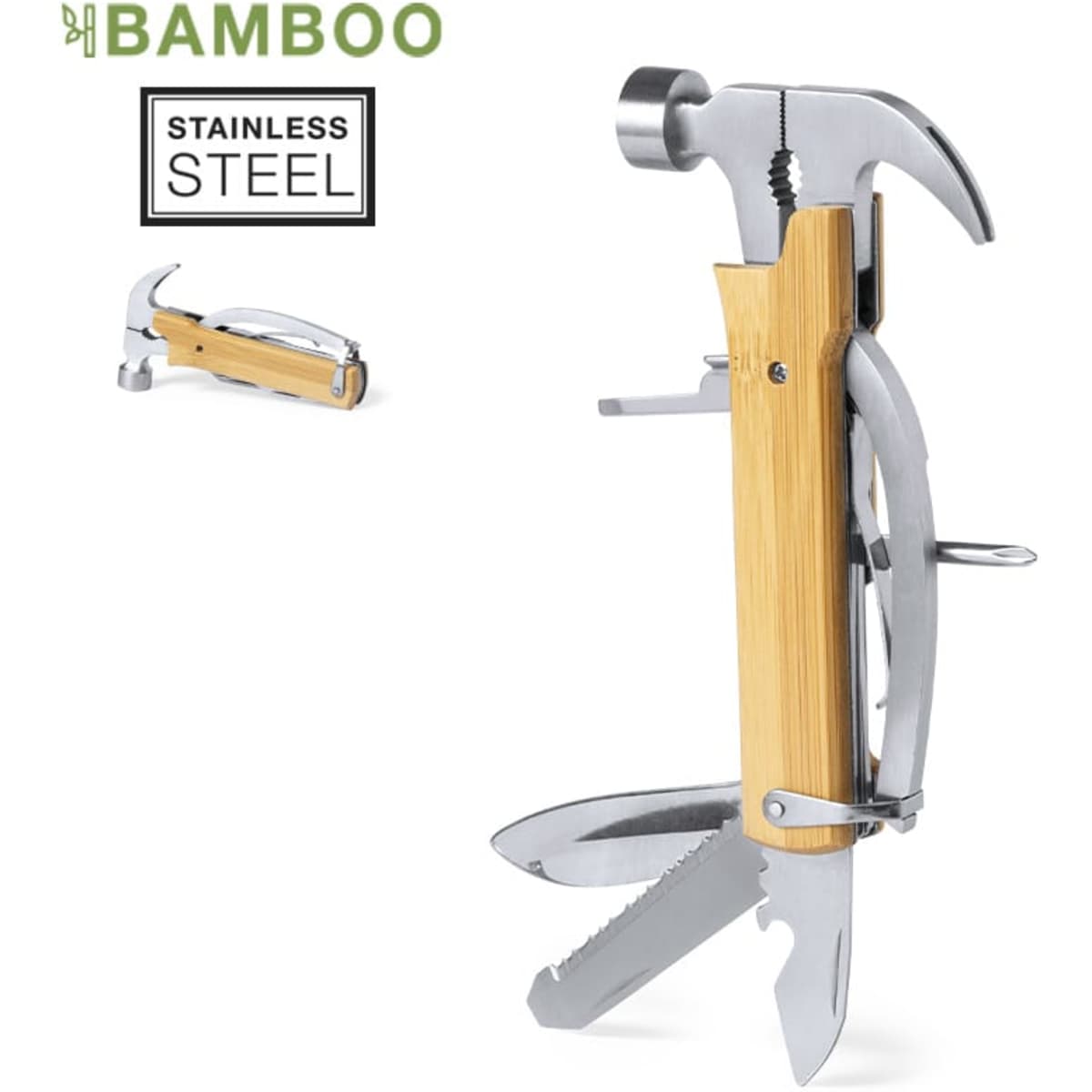A stainless steel multitool featuring a bamboo handle, including a hammer, knife, and various tools.