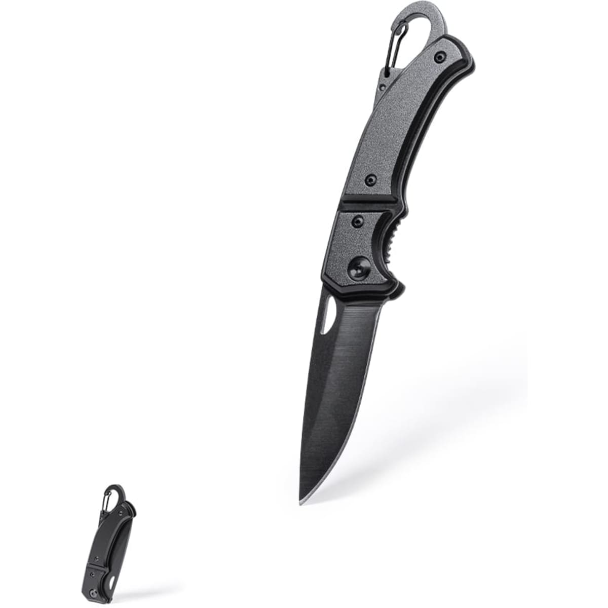 A black multi-tool knife featuring a carabiner clip, displayed in an upright position with a folded version next to it.