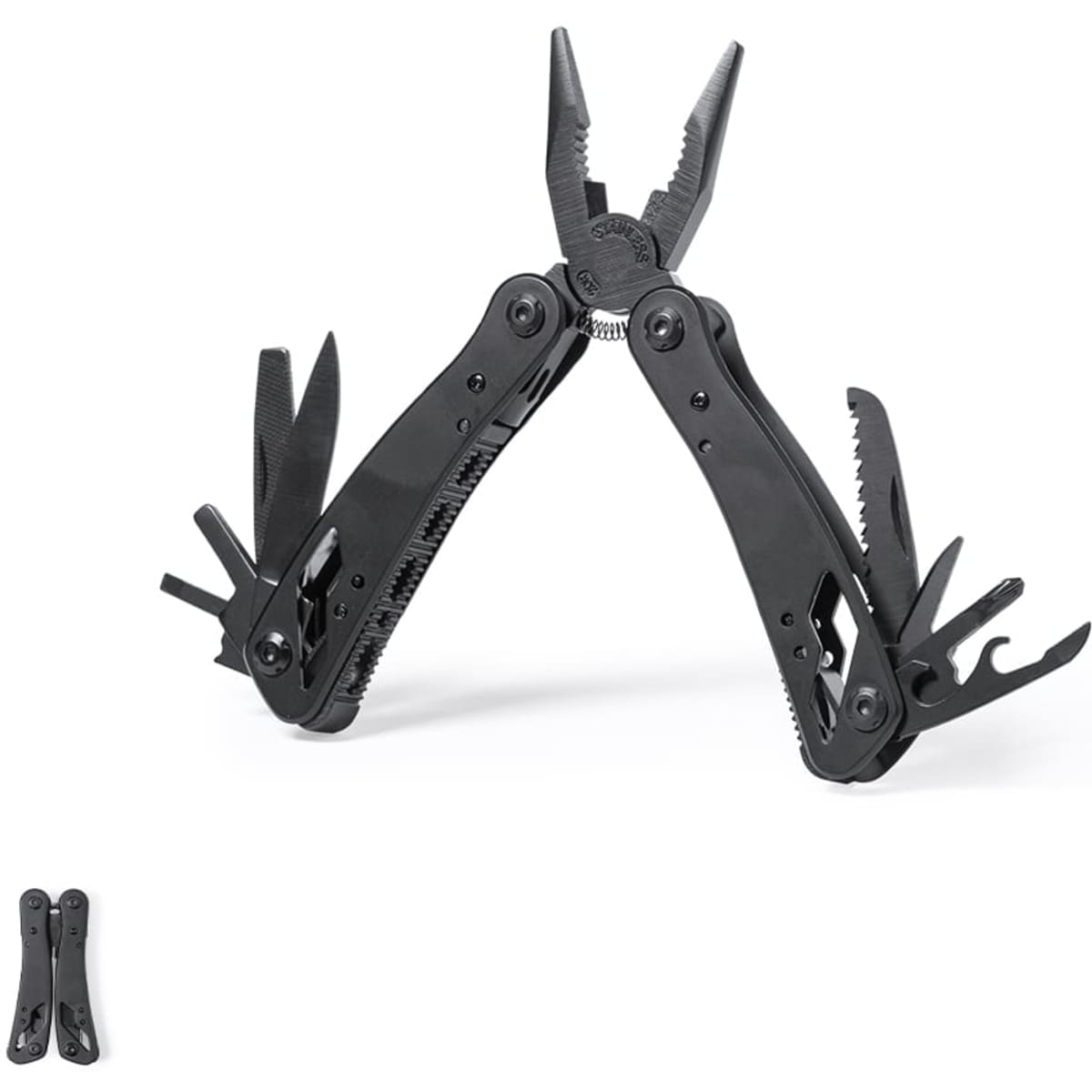 A black multi-tool with pliers and various tools extended, featuring a compact design. It has a logo on the handle.