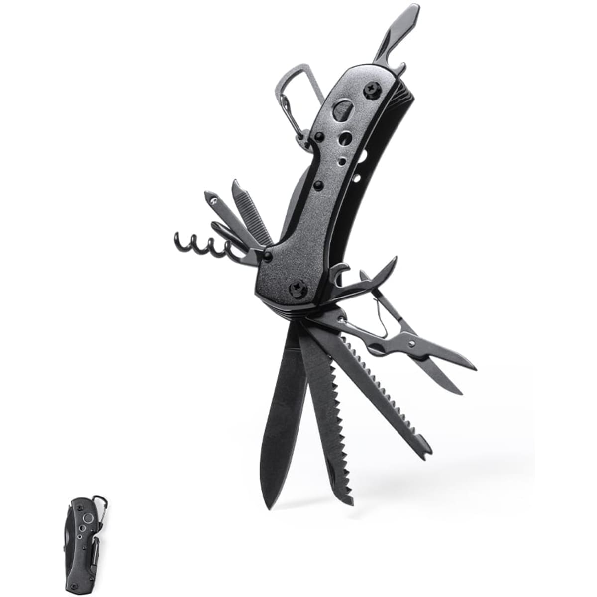 A black multi-tool with various attachments including scissors, a saw, and a corkscrew, featuring a logo.
