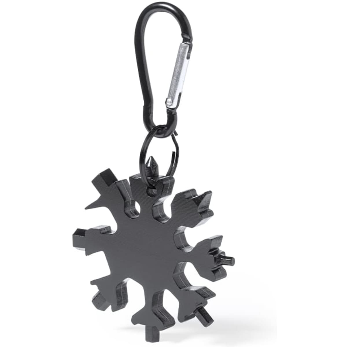 A black snowflake-shaped multi-tool keyring with a metallic carabiner clip.