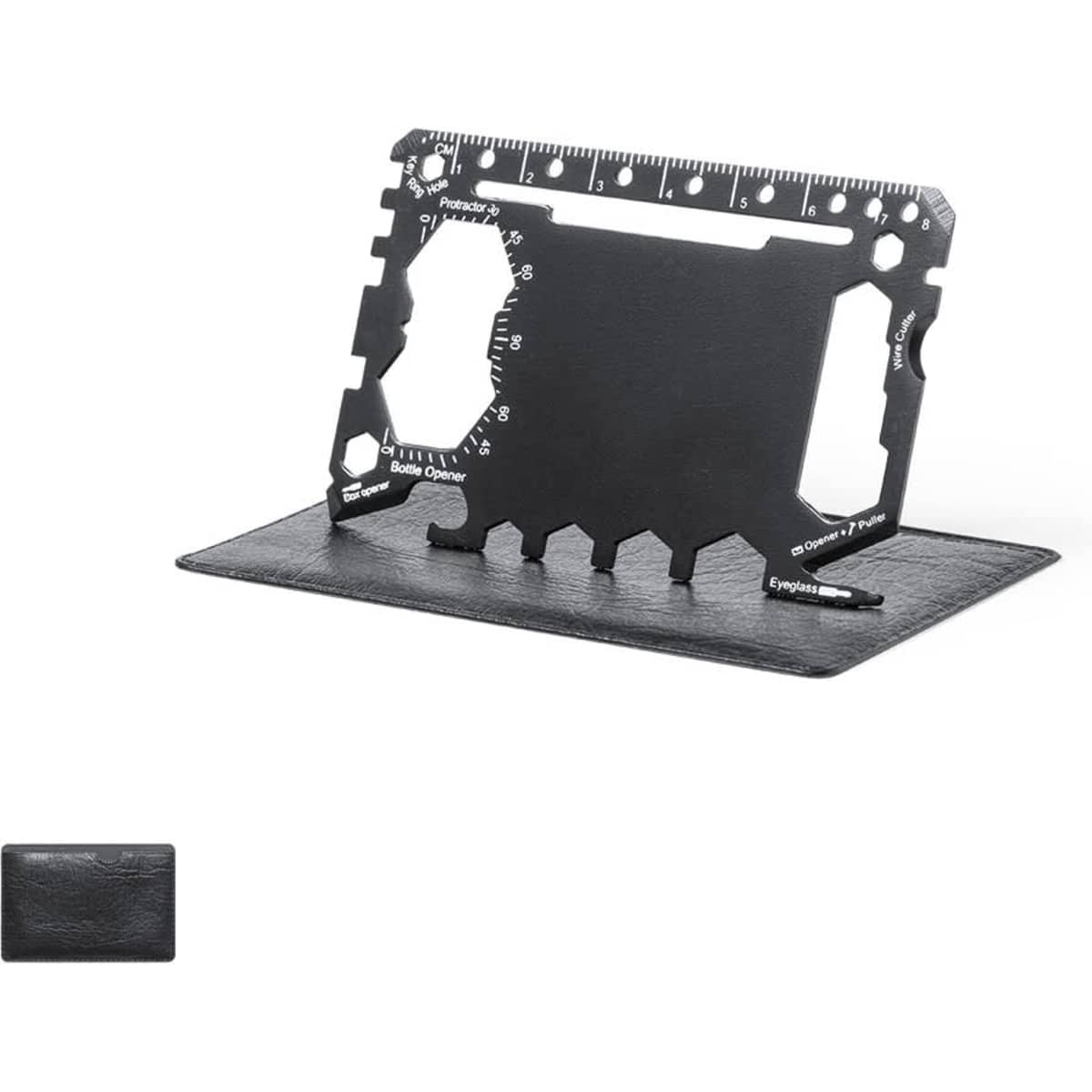 A black multi-tool featuring various functions and a stand, packaged alongside a slim wallet.