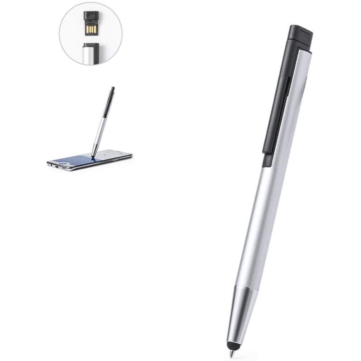 A silver USB stylus touch ball pen with a black clip and a hidden USB connector.