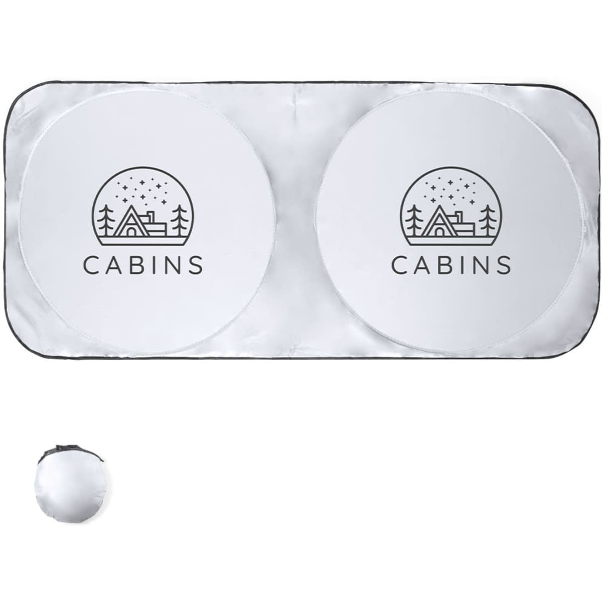 A sunshade featuring a white design with two circular sections, each displaying a logo of a cabin and pine trees.