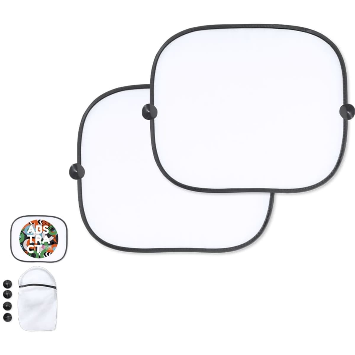 Two white sunshades with black trim, accompanied by a pouch and several suction cups for attachment.