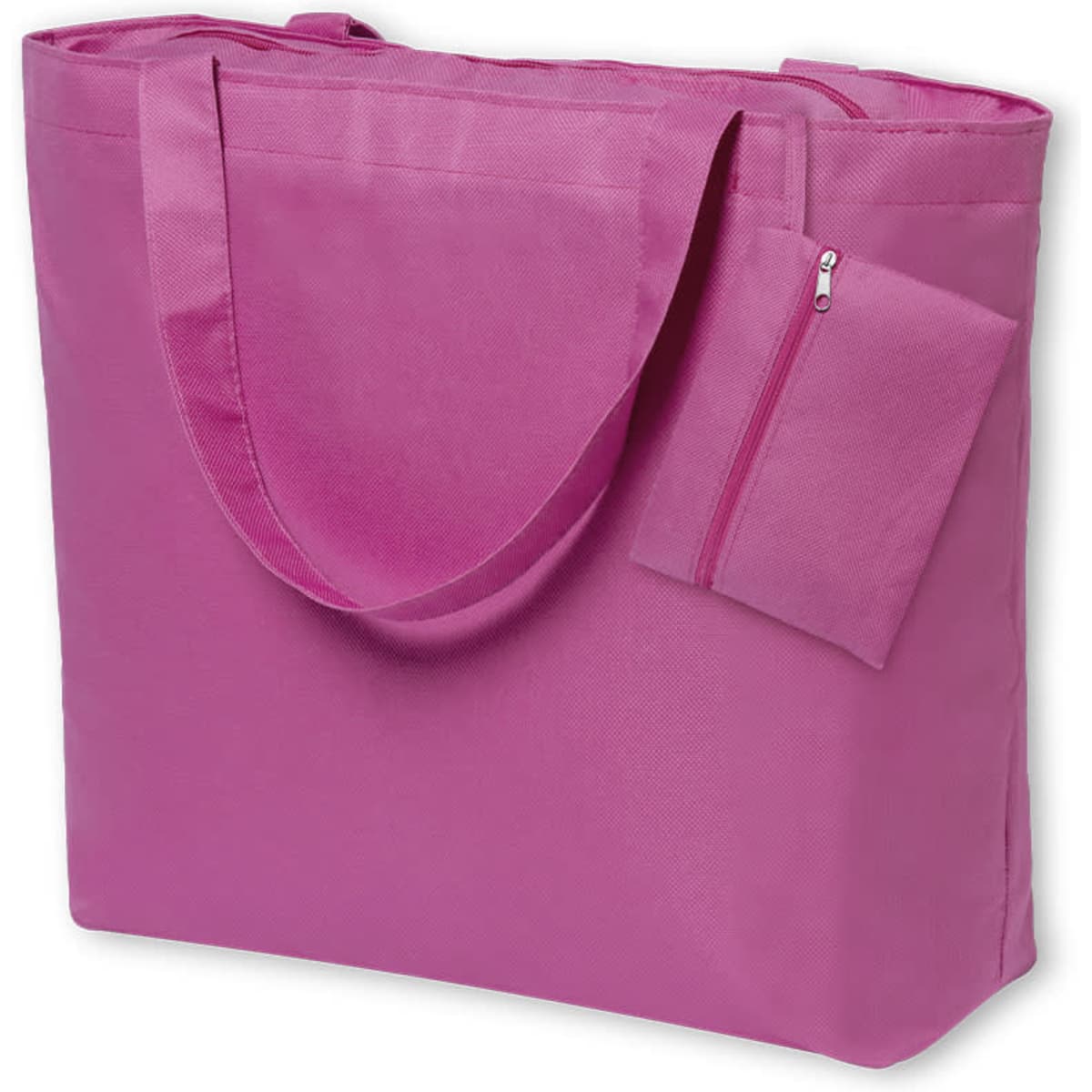 A pink tote bag with a zipper pocket and two long handles. The bag has a simple design and features a logo.