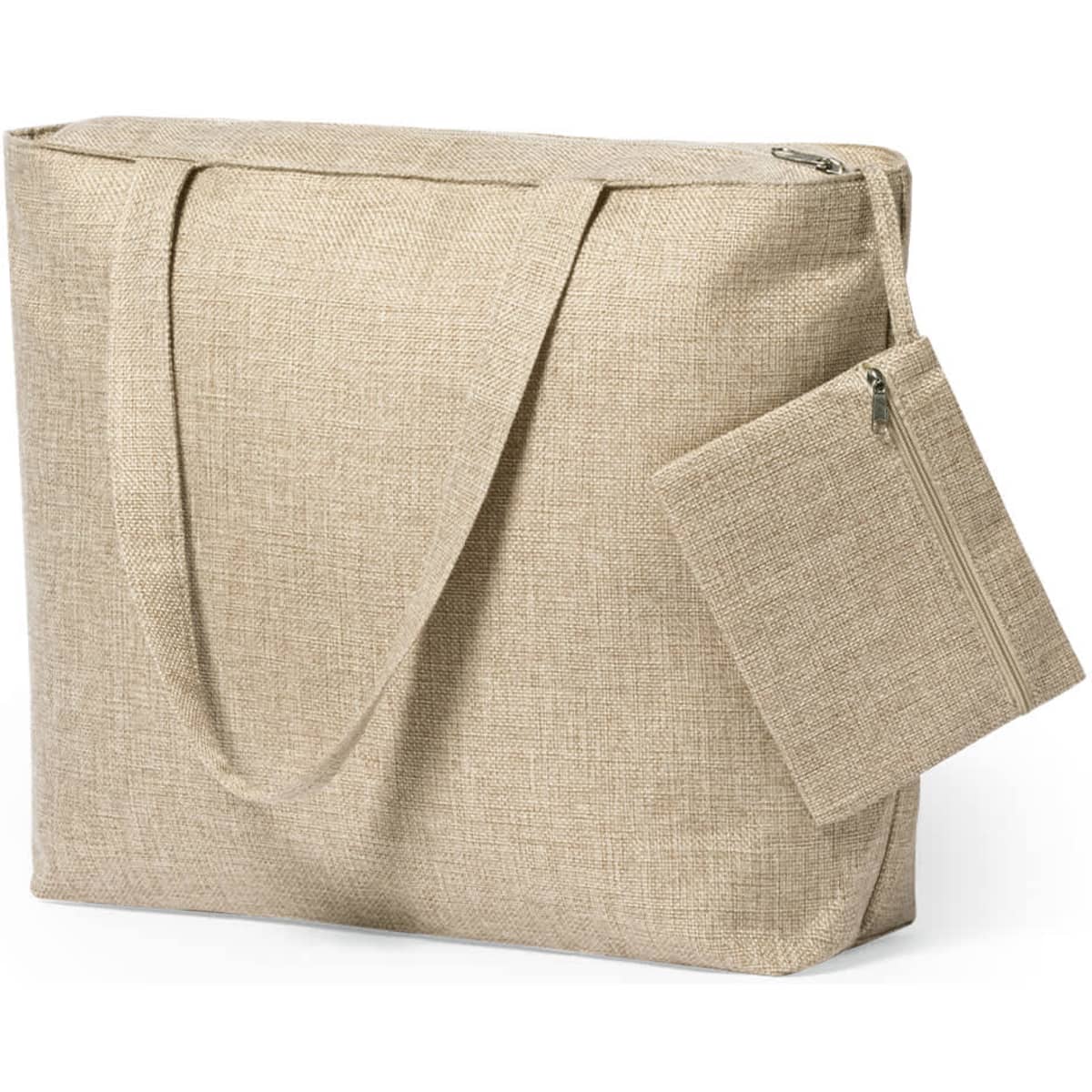 A beige fabric bag with a zip closure and a smaller matching pouch attached. It has a branding logo.