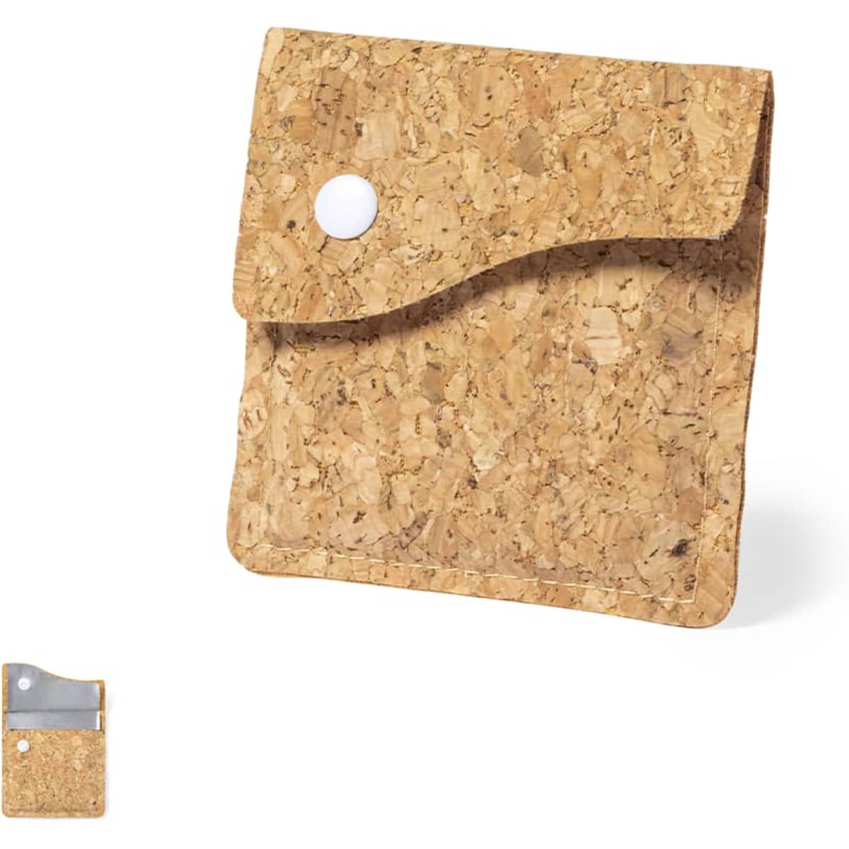 A cork wallet with a snap closure and a sleek design, featuring a subtle texture and natural colour.