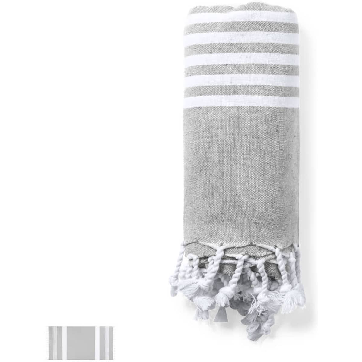 A rolled grey bath towel with white stripes and tasselled ends, featuring a logo on the side.