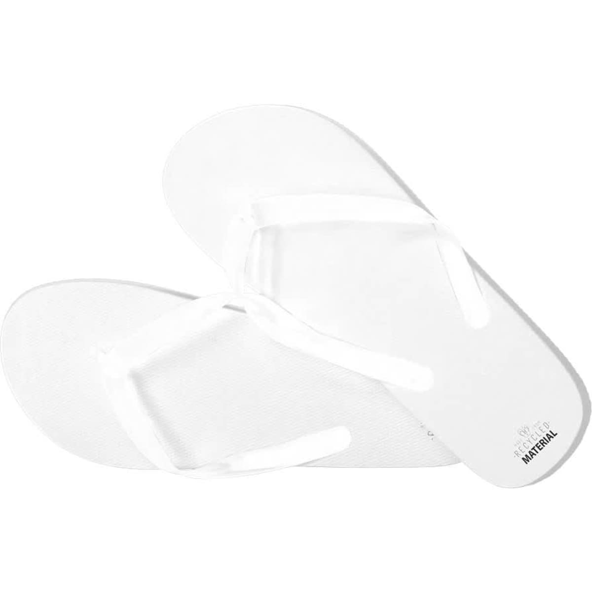 A pair of white thong sandals featuring a simple design and straps. The sandals have a logo on the footbed.