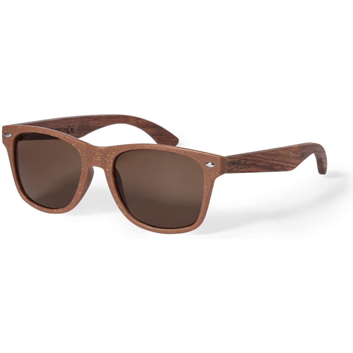 Sunglasses with a brown frame and dark brown lenses, featuring textured wood-like arms and a logo on the side.