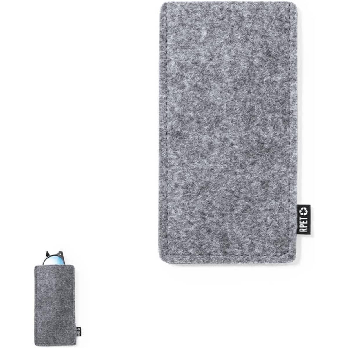 A grey felt pouch with a logo, designed to hold sunglasses or similar accessories.