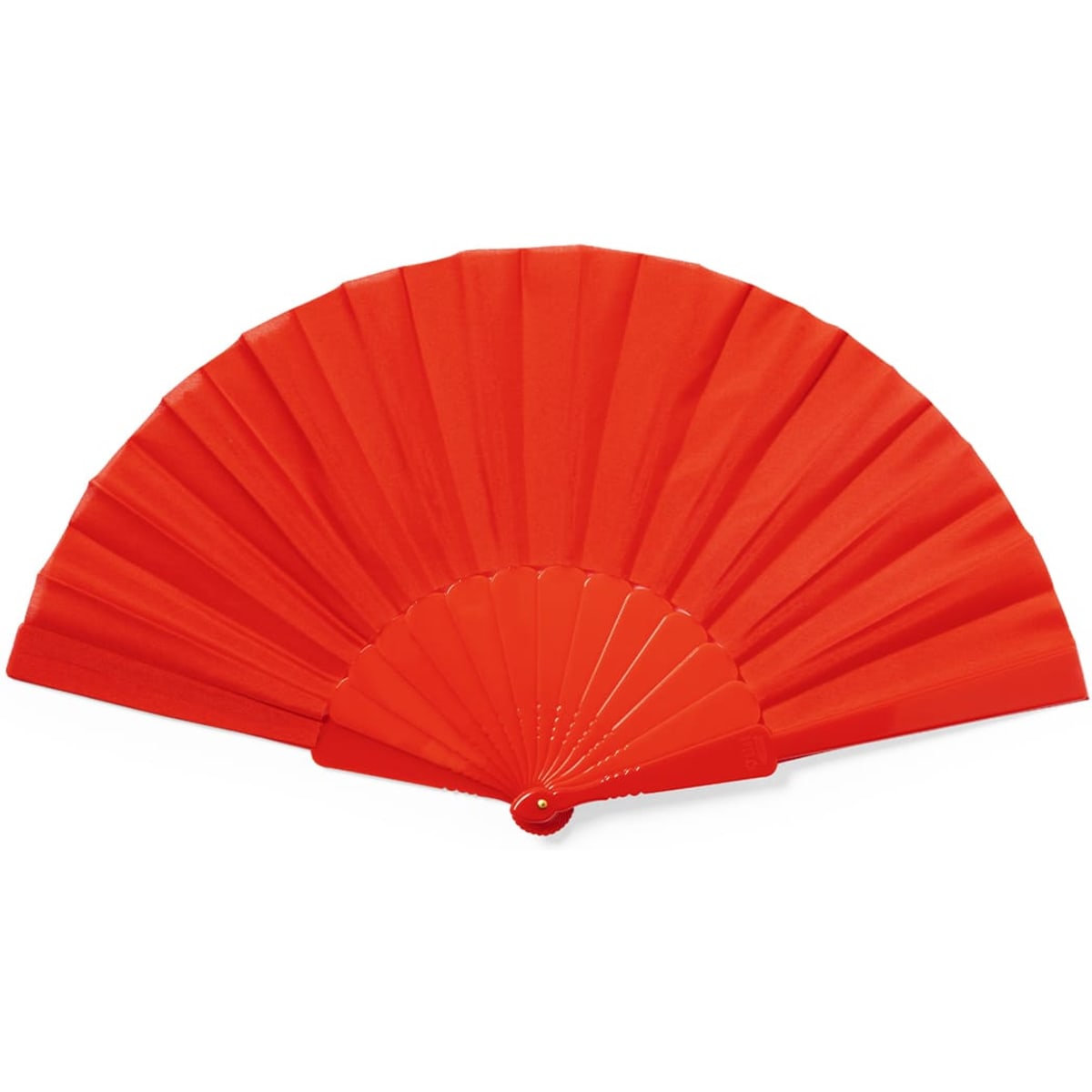 A red handheld fan with a folding design, featuring a round base and pleated sections.