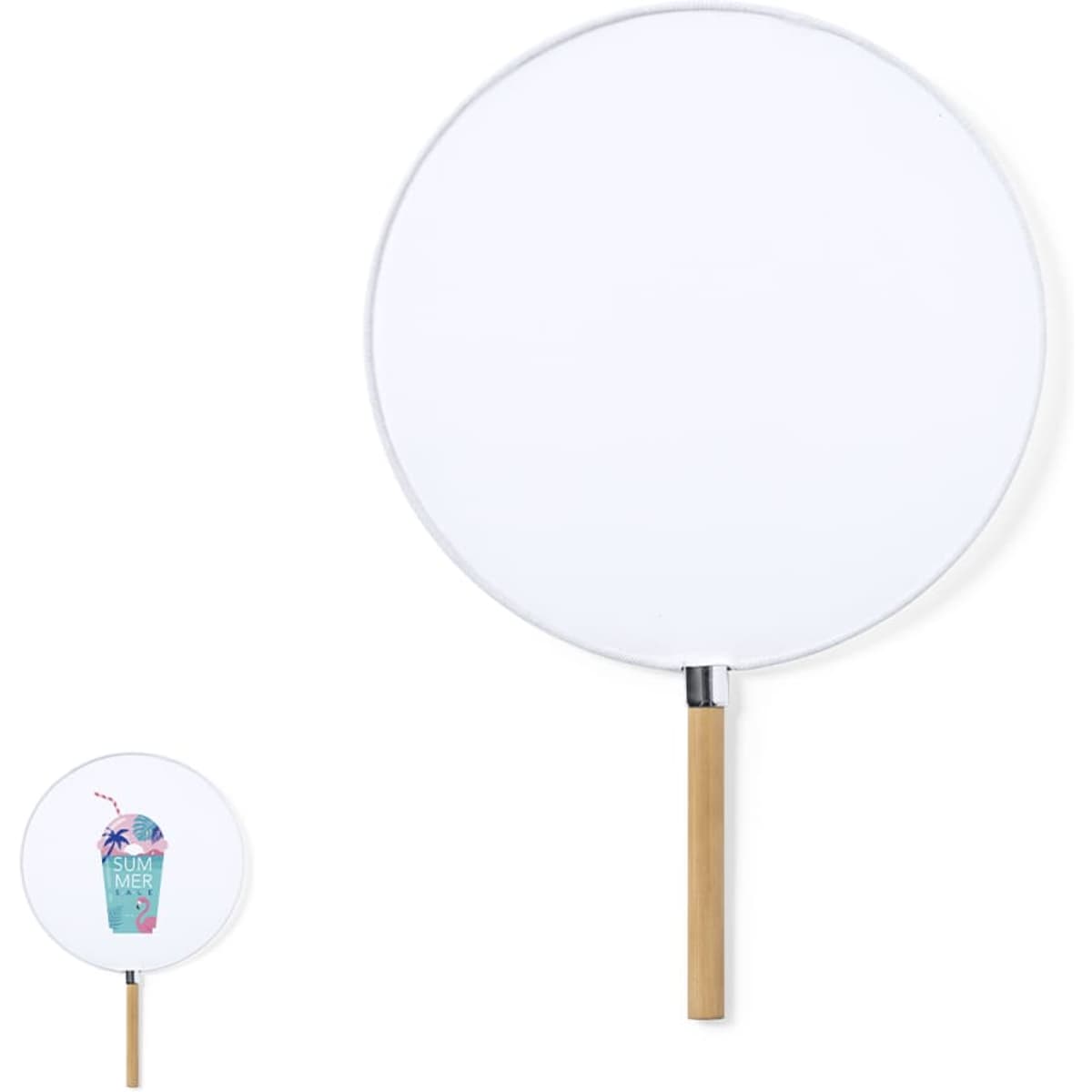 A round sunshade with a wooden handle and a colourful design featuring a drink. The shade is predominantly white.