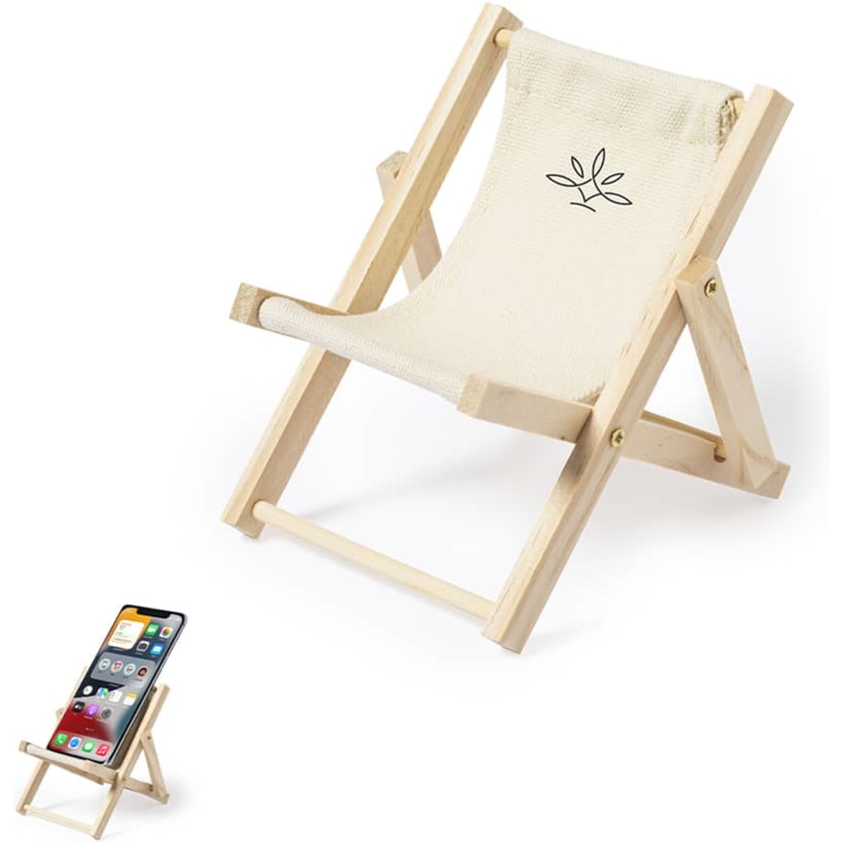 A wooden phone stand in a chair design, featuring a cream fabric seat and a logo on the back.
