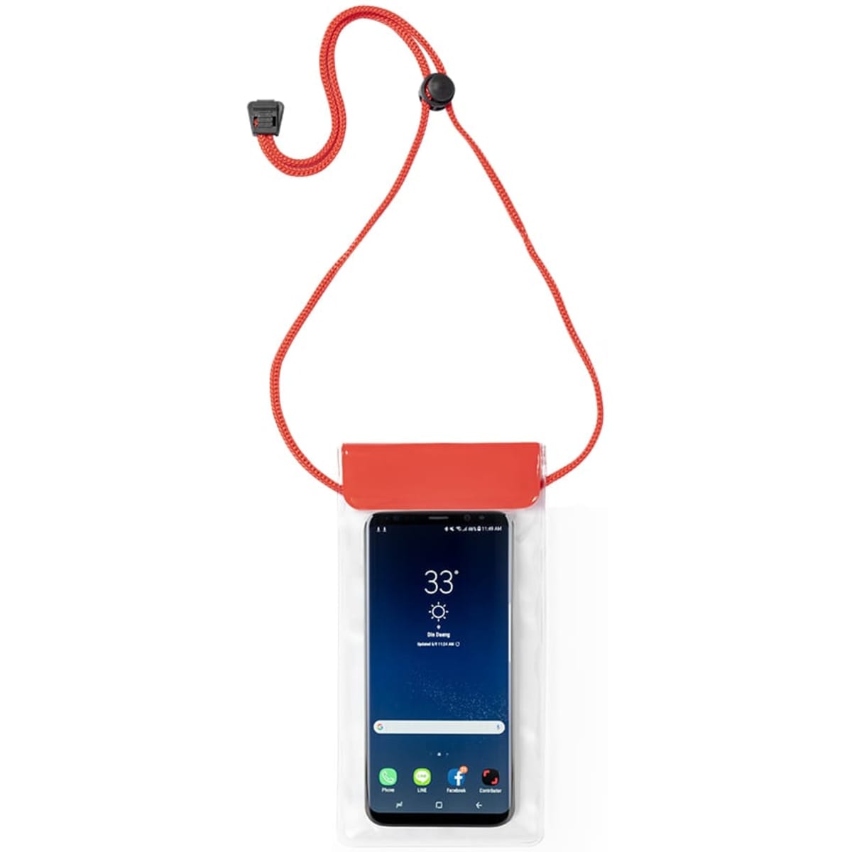 A waterproof dry bag in clear plastic with a red top and strap, designed to hold a smartphone securely.