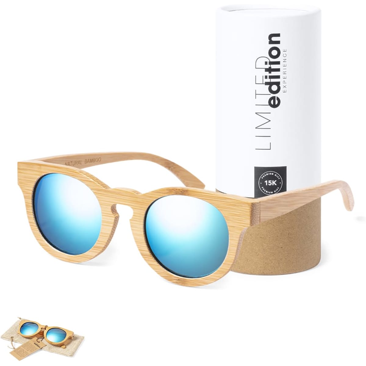 A pair of wooden framed sunglasses with blue mirrored lenses, displayed alongside a cylindrical case.