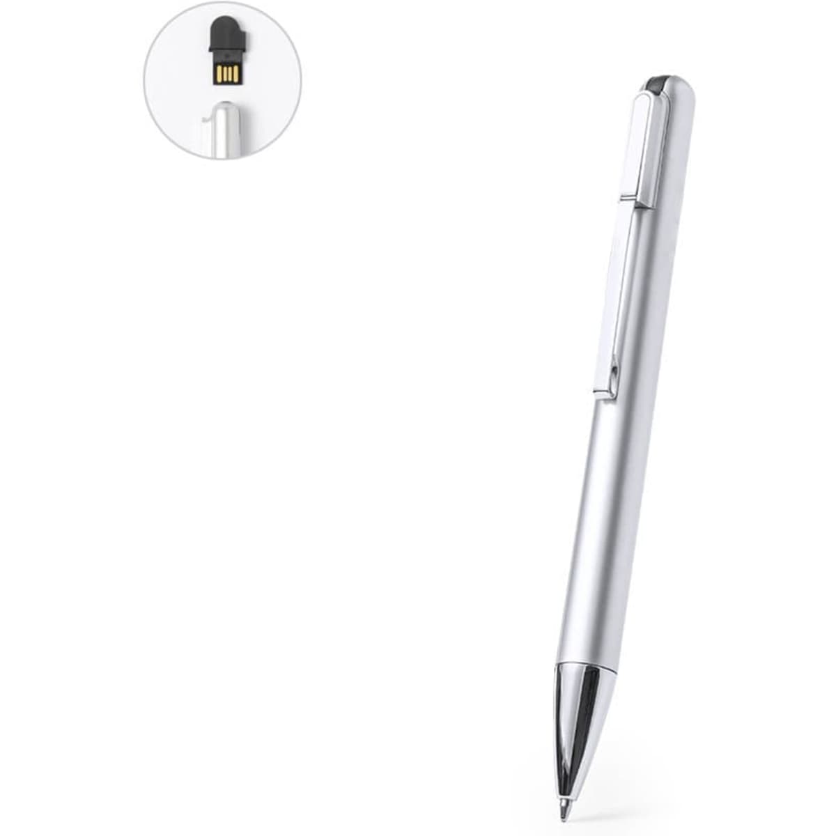 A silver ballpoint pen with a USB plug at the top, featuring a logo on the barrel.