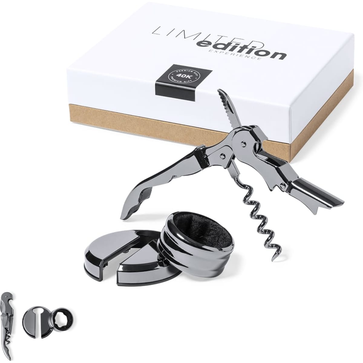 A corkscrew and wine pourer set in a sleek, chrome finish, packaged in a stylish box with a logo.