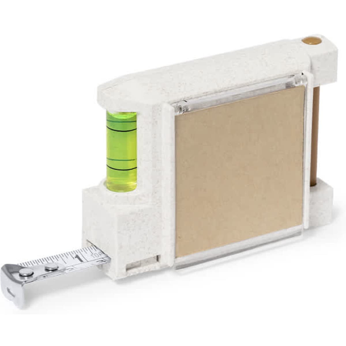 A white tape measure tool with a green spirit level, featuring a retractable tape and a cardboard backing.