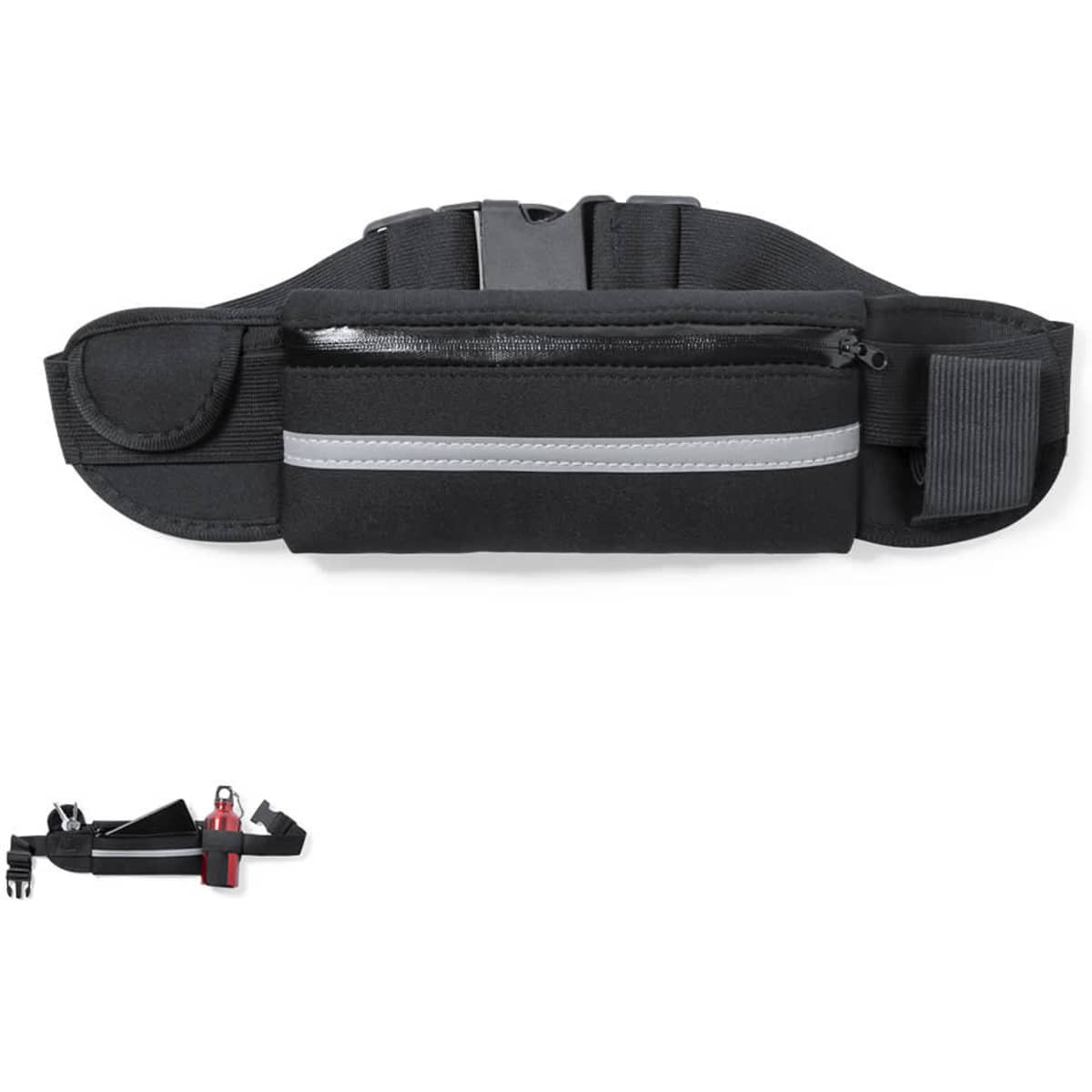A black bum bag featuring a zippered pocket and reflective strip, designed for convenience and style.